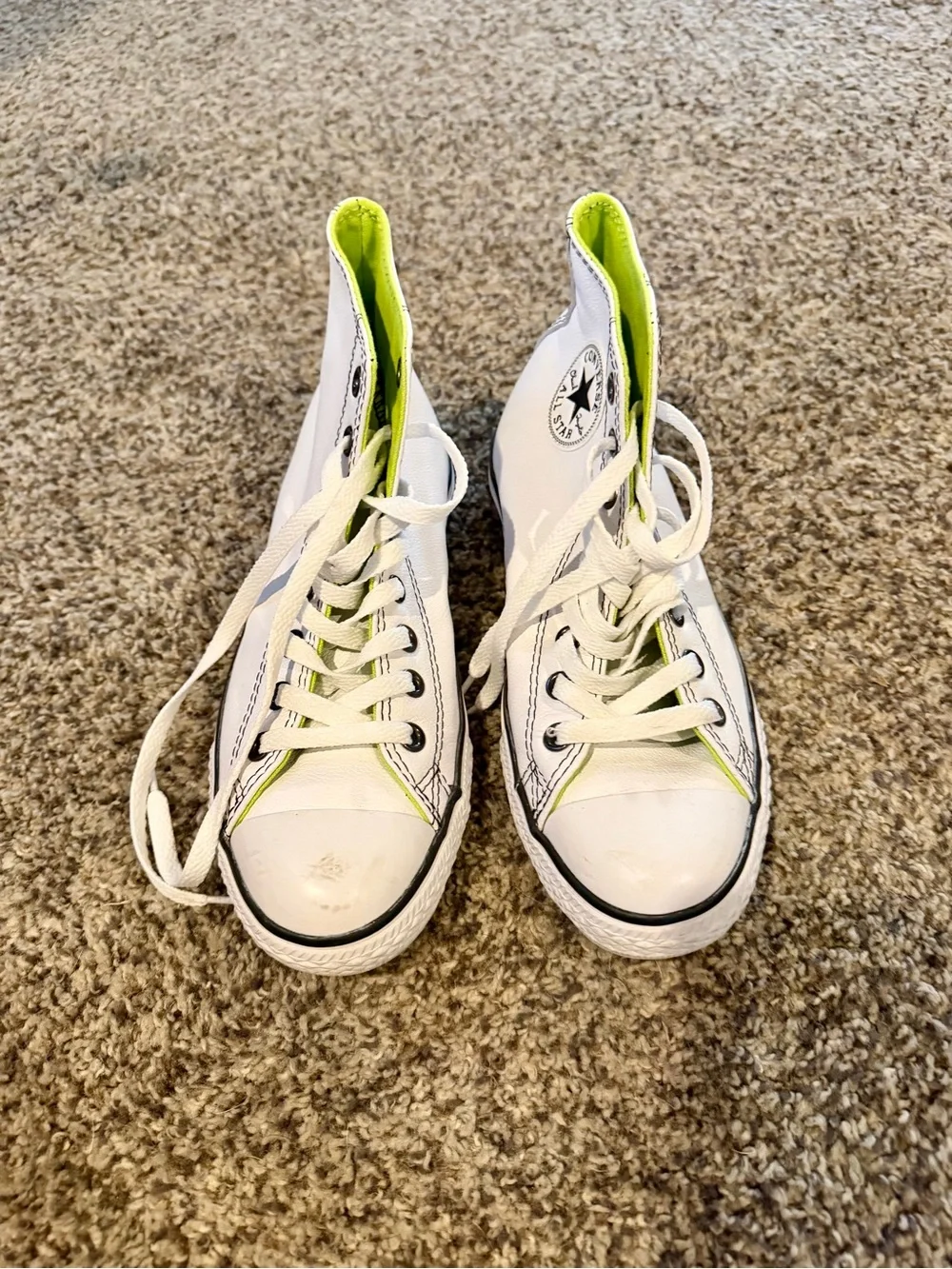 Unisex White Leather High-Top Converse Sneakers with Neon Lime Lining